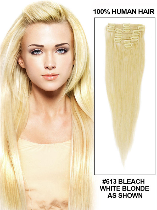 Bleach White Blond(#613) Premium Straight Clip In Hair Extensions 7 stk. 1