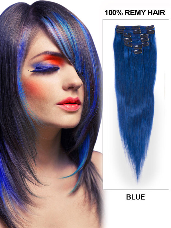 Blue(#Blue) Premium Straight Clip In Hair Extensions 7 stuks 0