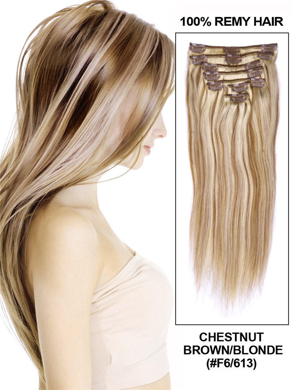 Châtain/Blonde(#F6-613) Extensions de cheveux droites à clips de qualité supérieure 7 pièces 0