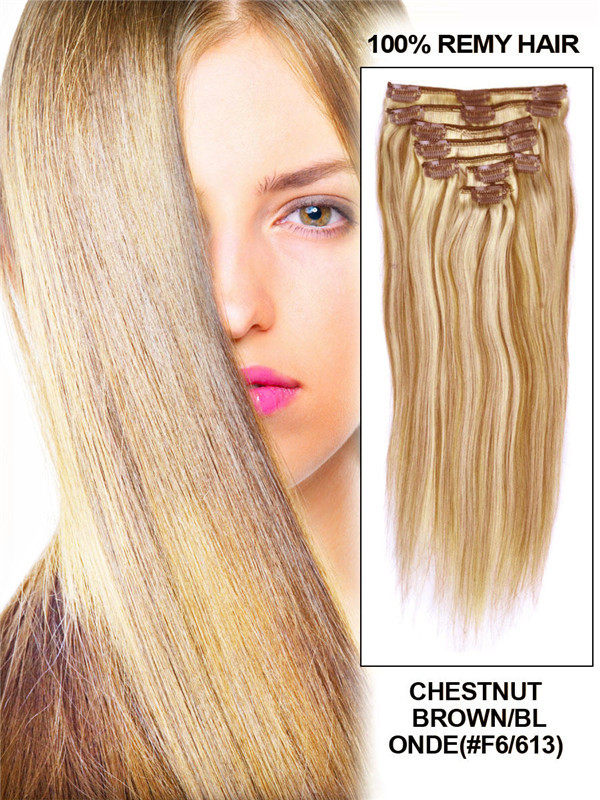 Kastanjebruin/Blond (#F6-613) Deluxe Straight Clip In Human Hair Extensions 7 stuks 0
