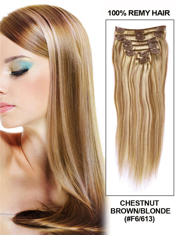 Kastanjebruin/Blond (#F6-613) Deluxe Straight Clip In Human Hair Extensions 7 stuks 1