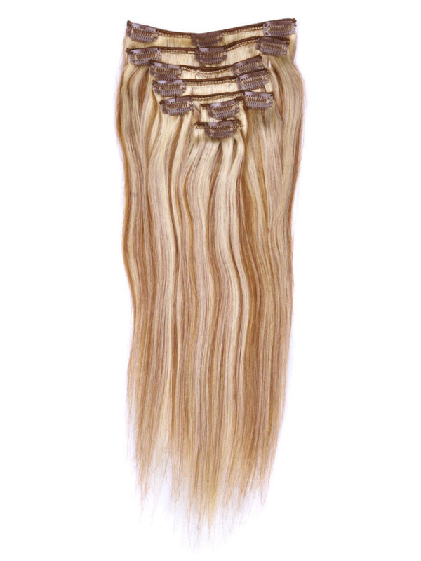 Marrón Castaño/Rubio (#F6-613) Extensiones de cabello humano con clip recto de lujo, 7 piezas 2