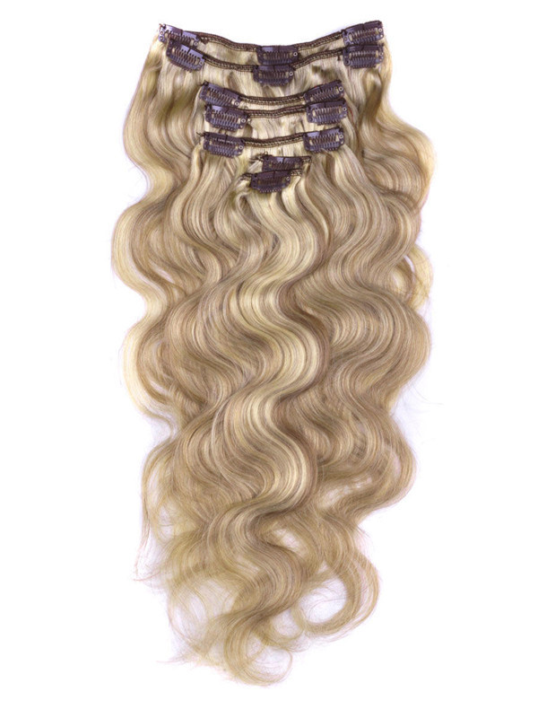 Clipe de onda corporal de luxo marrom/loiro (#F12-613) em extensões de cabelo humano 7 peças 0