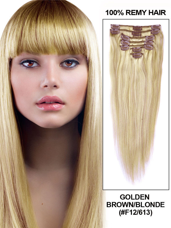 Goudbruin/Blond (#F12-613) Deluxe Straight Clip-in Extensions van echt haar 7 stuks 2