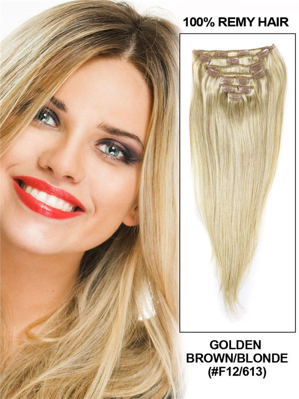 Goudbruin/Blond (#F12-613) Ultieme rechte Clip In Remy Hair Extensions 9 stuks 0