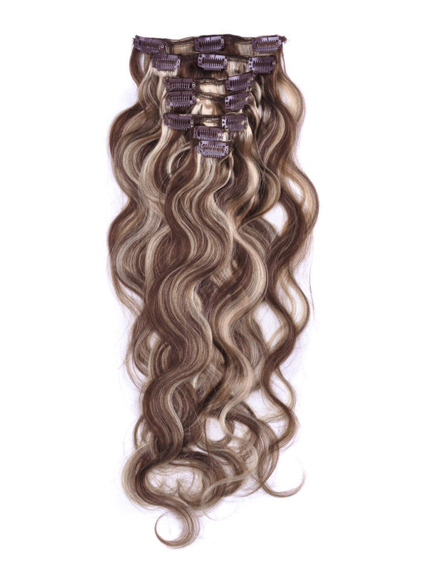 Bruin/Blond (#P4-22) Premium Body Wave Clip In Hair Extensions 7 Stuks 0