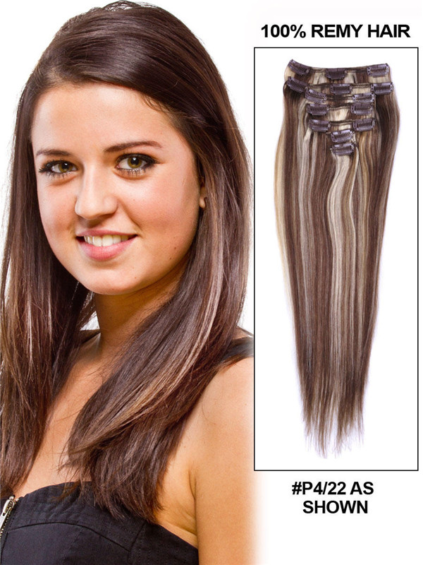 Brown/Blonde(#P4-22) Deluxe Straight Clip In Human Hair Extensions 7 Pieces 0