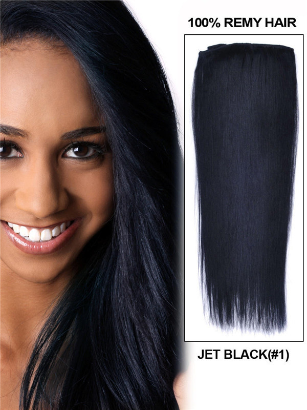 Jet Black(#1) Straight Deluxe Clip-in Extensions van echt haar 7 stuks 0