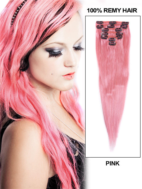 Clipe reto de luxo rosa (#rosa) em extensões de cabelo humano 7 peças 0