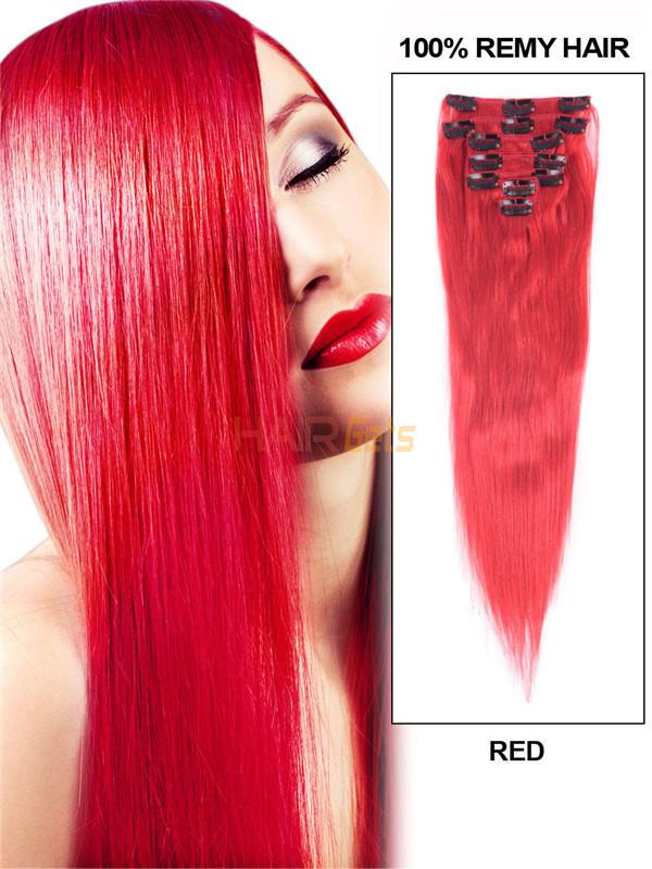Red(#Red) Deluxe Straight Clip In Human Hair Extensions 7 Pieces 3