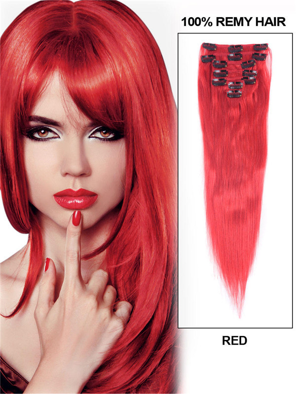 Clipe reto final vermelho(#Red) em extensões de cabelo Remy 9 peças 0