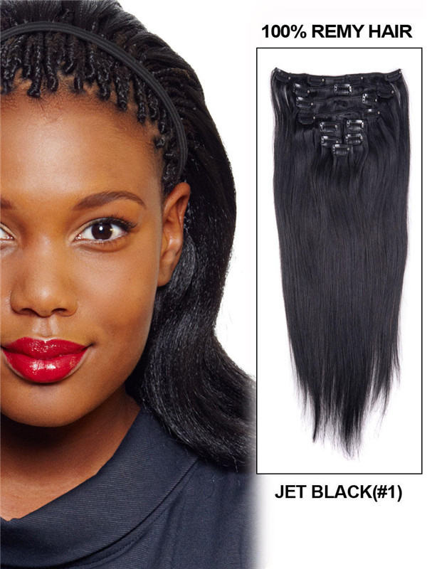 Jet Black (# 1) Straight Ultimate Clip en extensiones de cabello Remy 9 piezas 0