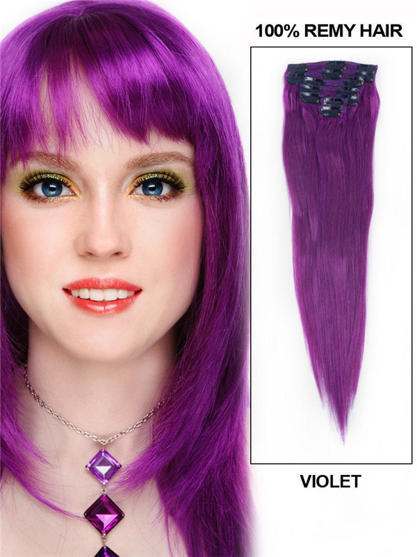 Violet(#Violet) Deluxe Straight Clip In Human Hair Extensions 7 Pieces 1
