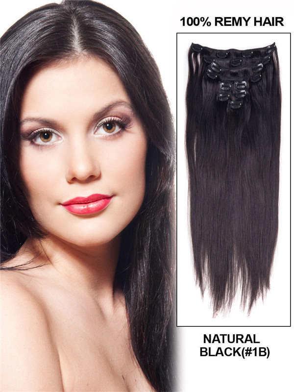 Clipe reto de seda final preto natural (#1B) em extensões de cabelo remy 9 peças 0