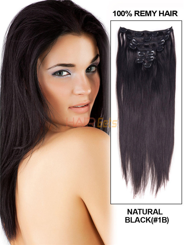 Naturlig sort(#1B) Ultimate Silkeagtig Straight Clip In Remy Hair Extensions 9 stk. 1