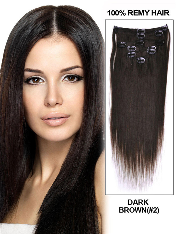 Dark Brown(#2) Deluxe Silky Straight Clip In Human Hair Extensions 7 Pieces 0