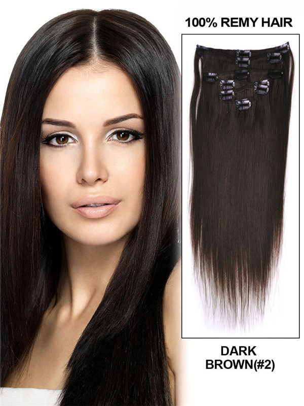 Donkerbruin(#2) Deluxe zijdeachtige rechte clip-in extensions van echt haar 7 stuks 0