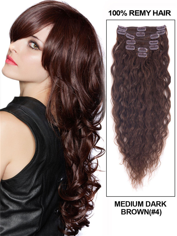 Medium Brown(#4) Deluxe Kinky Curl Clip In Human Hair Extensions 7 Pieces 0