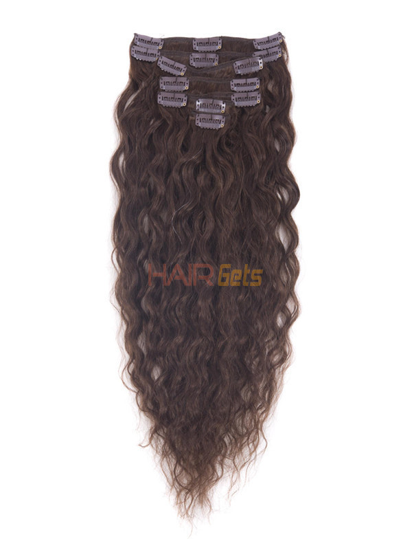 Medium Brown(#4) Deluxe Kinky Curl Clip I Human Hair Extensions 7 stk 1