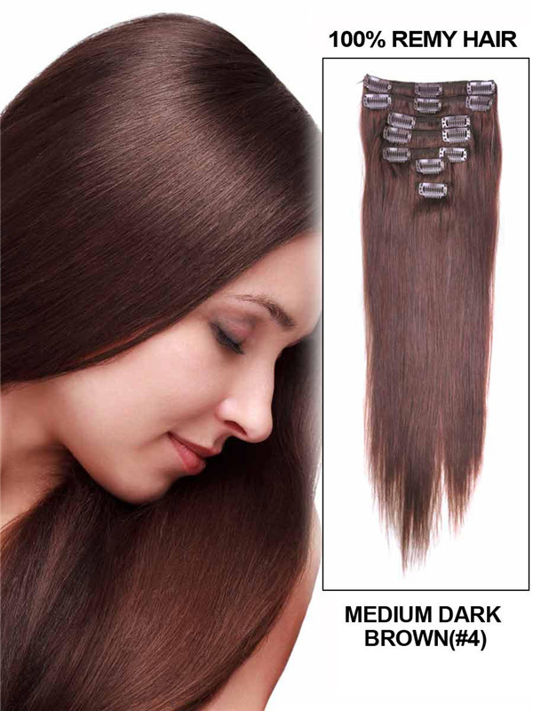 Medium Brown(#4) Deluxe Straight Clip In Human Hair Extensions 7 stk 0