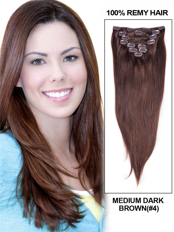 Medium Brown(#4) Ultimate Straight Clip In Remy Hair Extensions 9 stykker 0