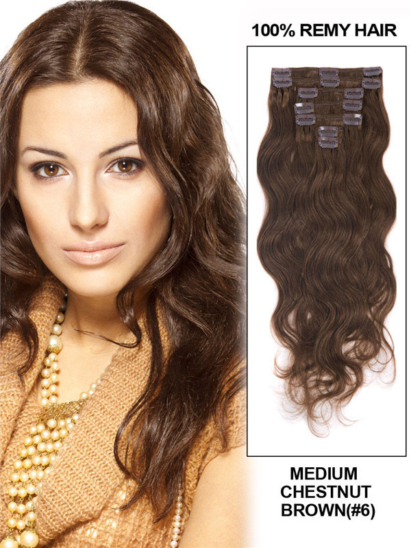 Medium Chestnut Brown(#6) Premium Body Wave Clip In Hair Extensions 7 stk. 1