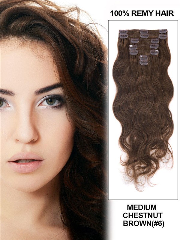 Medium Chestnut Brown(#6) Deluxe Body Wave Clip i Human Hair Extensions 7 stk. 0
