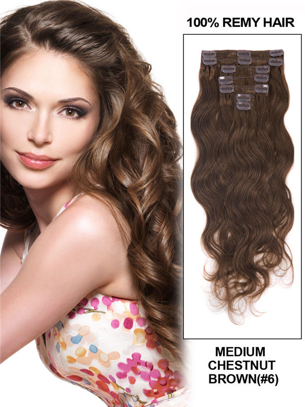 Medium Chestnut Brown(#6) Deluxe Body Wave Clip i Human Hair Extensions 7 stk. 1