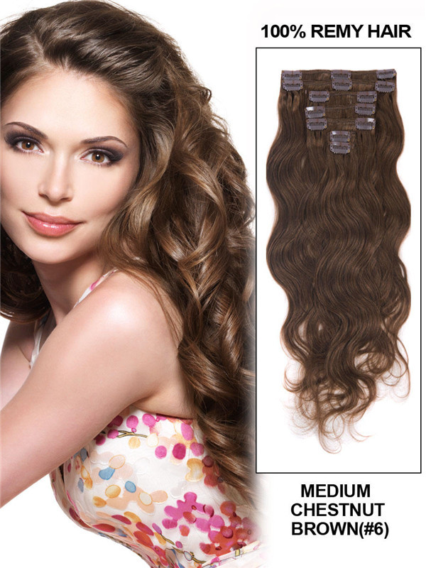 Brun châtain moyen (#6) Extensions de cheveux humains à clips de luxe Body Wave 7 pièces 1