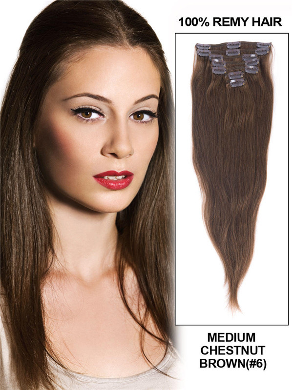 Brun châtain moyen (#6) Extensions de cheveux droites à clips de qualité supérieure 7 pièces 1