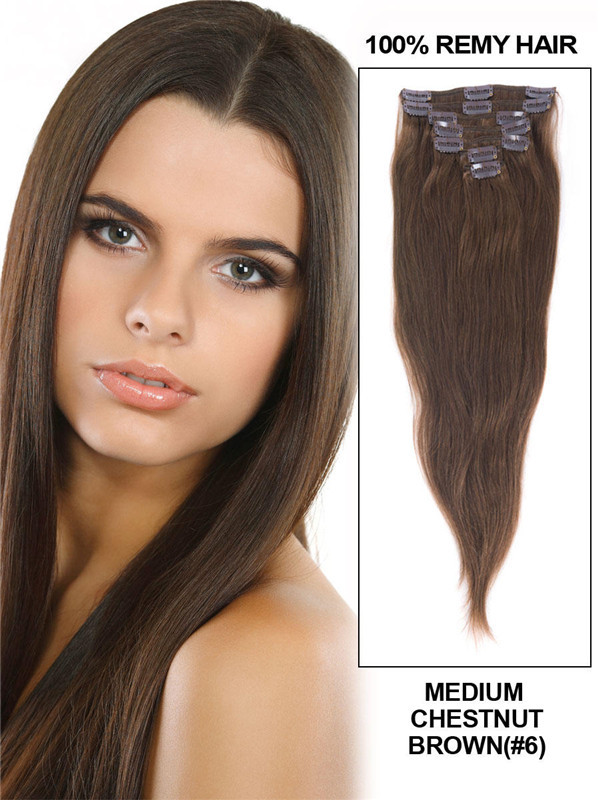 Medium Chestnut Brown(#6) Premium Straight Clip In Hair Extensions 7 Pieces 2