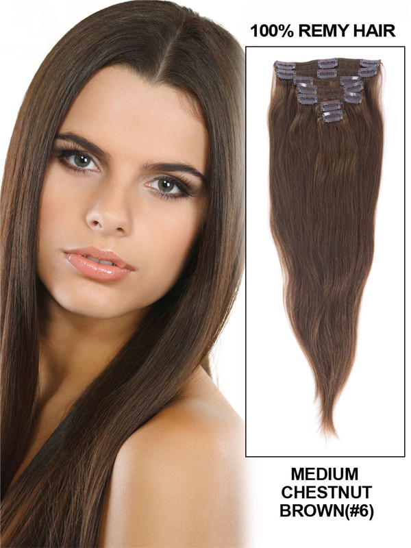 Medium Chestnut Brown (#6) Premium Rak Clip In Hair Extensions 7 delar 2