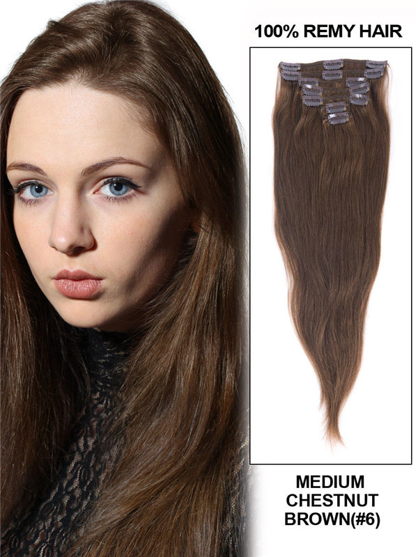 Medium Chestnut Brown(#6) Premium Straight Clip In Hair Extensions 7 stykker 3