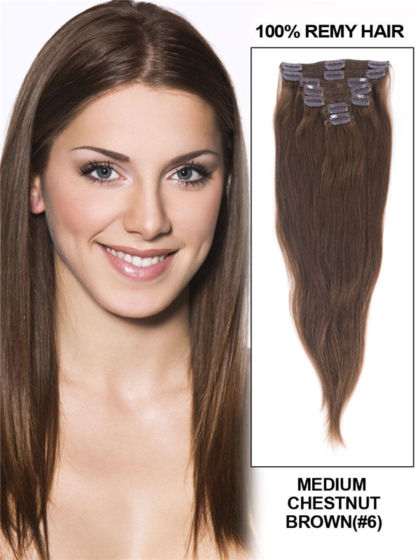Medium Chestnut Brown(#6) Deluxe Straight Clip In Human Hair Extensions 7 Pieces 0