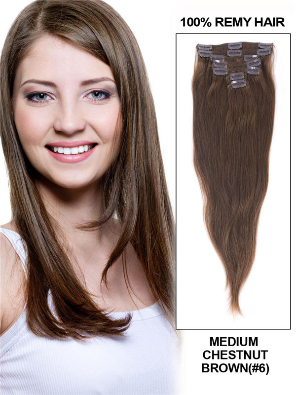 Medium Chestnut Brown(#6) Deluxe Straight Clip In Human Hair Extensions 7 Pieces 1