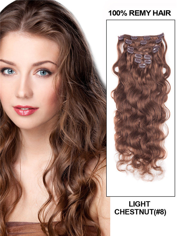 Light Chestnut(#8) Ultimate Body Wave Clip i Remy Hair Extensions 9 delar 0