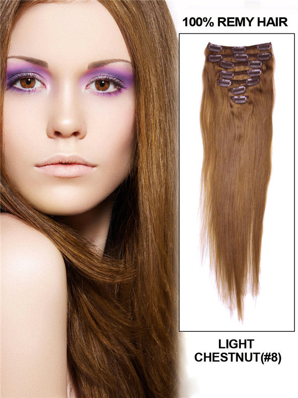 Licht Kastanje (#8) Premium Straight Clip In Hair Extensions 7 Stuks 0