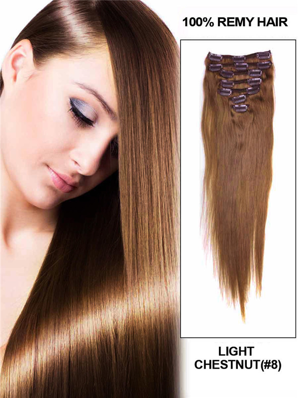 Châtain Clair (#8) Extensions de Cheveux Humains de Luxe à Clip Droit 7 Pièces 0