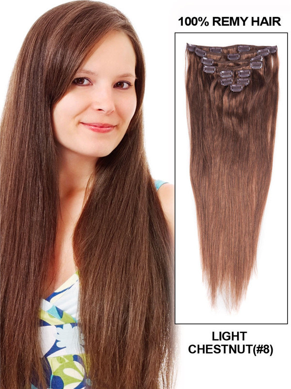 Light Chestnut(#8) Ultimate Straight Clip em Extensões de Cabelo Remy 9 Peças 0