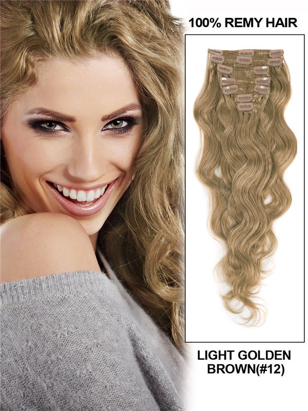 Clipe de onda corporal premium marrom dourado claro (nº 12) em extensões de cabelo 7 peças 0