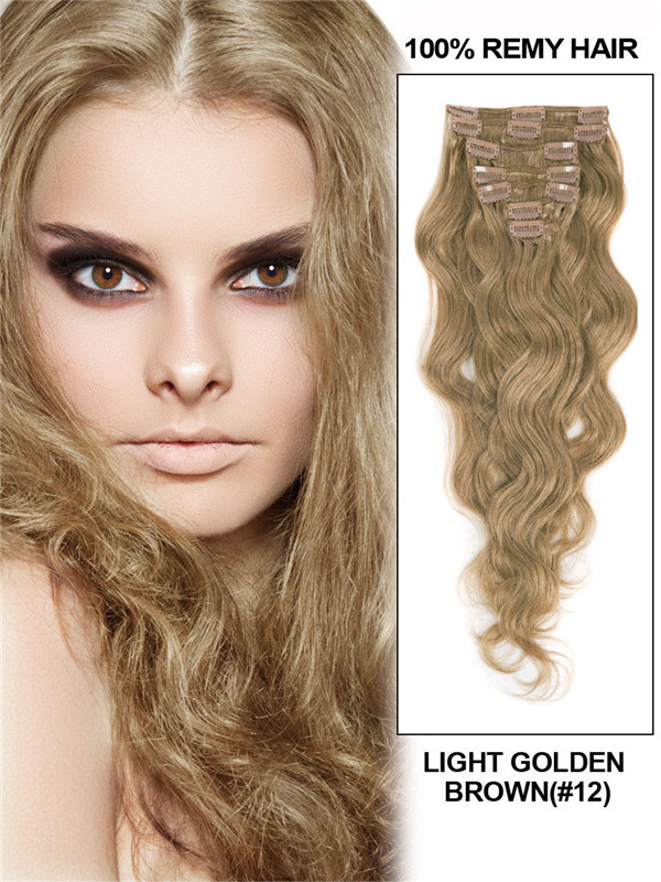 Light Golden Brown(#12) Premium Body Wave Clip In Hair Extensions 7 Pieces 1