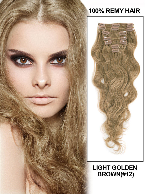 Marrón dorado claro (# 12) Extensiones de cabello con clip de ondas corporales premium 7 piezas 1