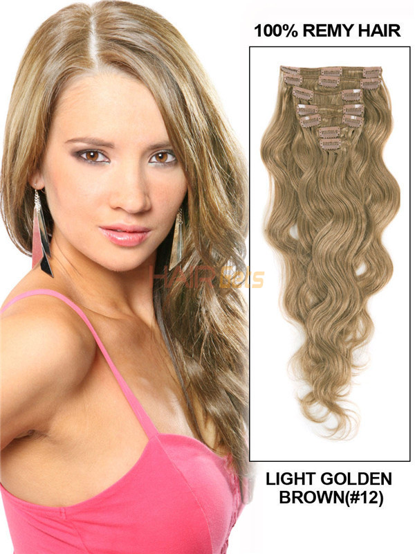 Lys gyldenbrun(#12) Deluxe Body Wave Clip I Human Hair Extensions 7 stykker 1