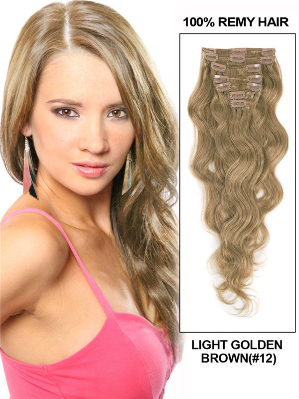 Licht Goudbruin(#12) Deluxe Body Wave Clip-in Extensions van echt haar 7 stuks 1