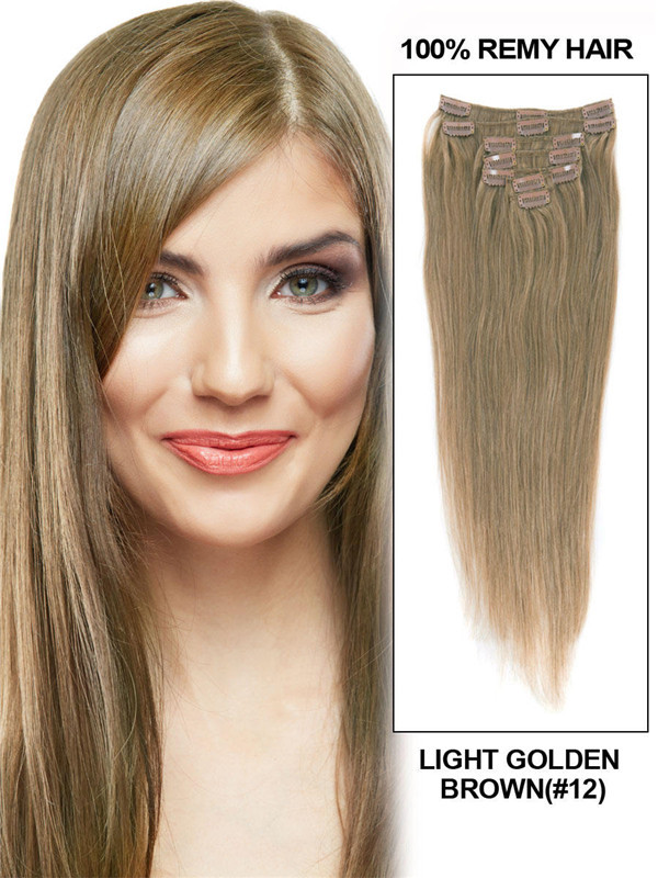 Licht goudbruin(#12) Premium Straight Clip In Hair Extensions 7 stuks 0