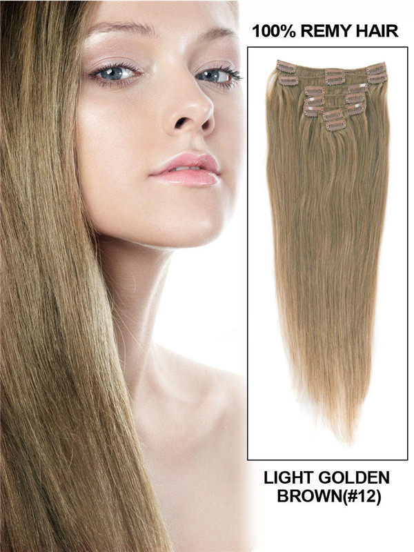Light Golden Brown(#12) Deluxe Straight Clip In Human Hair Extensions 7 Pieces 0