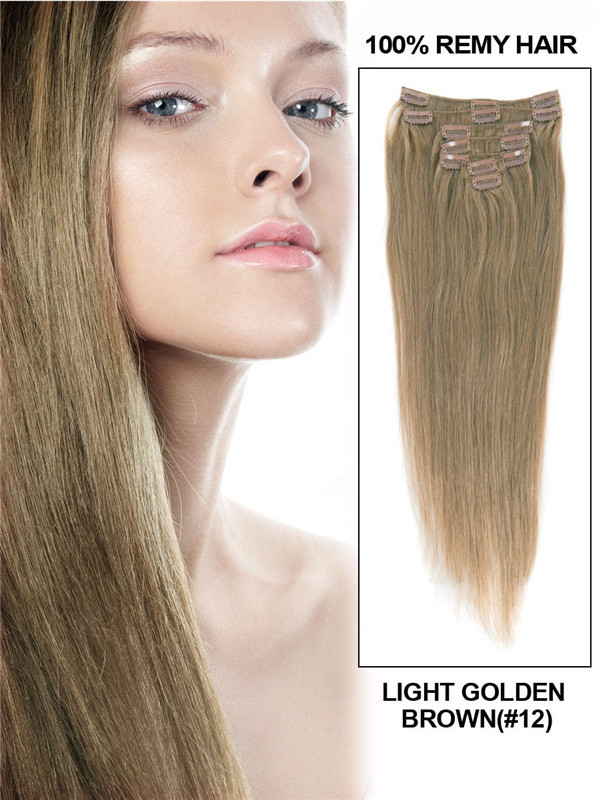 Licht goudbruin(#12) Deluxe rechte clip-in extensions van echt haar 7 stuks 0