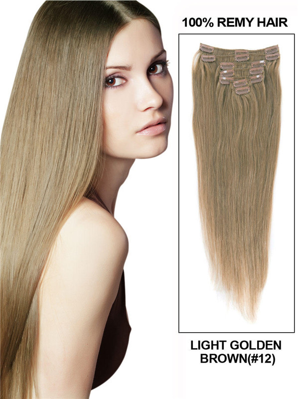 Clipe reto de luxo marrom dourado claro (nº 12) em extensões de cabelo humano 7 peças 1