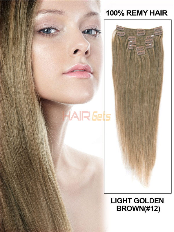 Light Golden Brown(#12) Ultimate Straight Clip In Remy Hair Extensions 9 Pieces-np 0