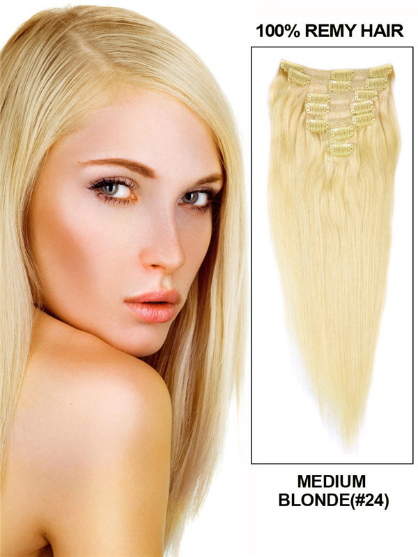 Medium Blonde (#24) Deluxe Straight Clip-in Extensions van echt haar 7 stuks 0